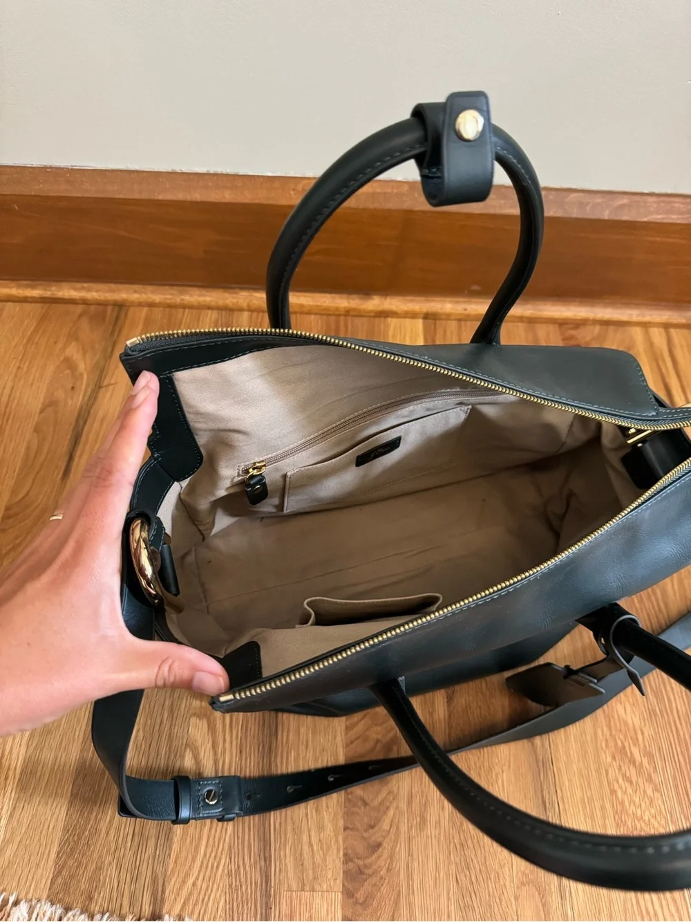 J. Crew Hunter Green Leather Satchel with Top Handles and Crossbody Strap